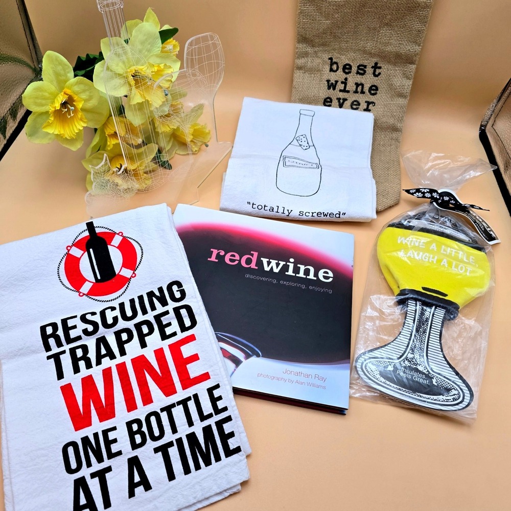 Wine Lovers Gift Set  Book Towels Burlap Bag Woozie Sleeve Wine Decor‎ 6 Pc